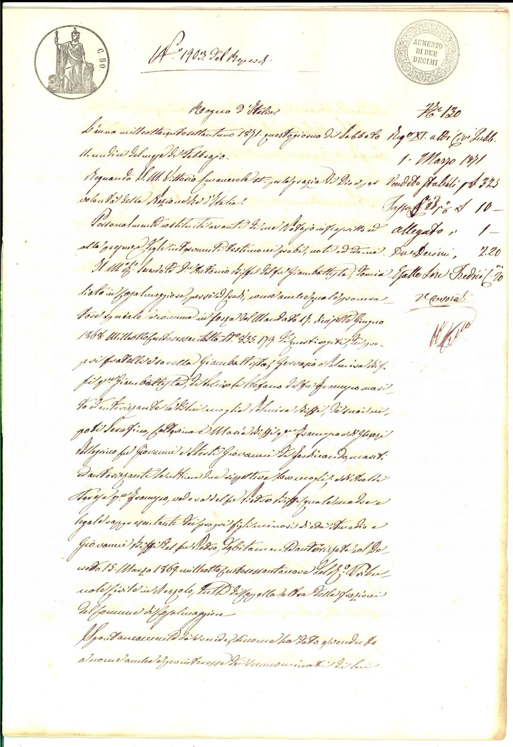Documento originale, autentico 1871 VILLANOVA CR Don Antonio BIFFI vende terreno vitato a Felice MADELLA 1