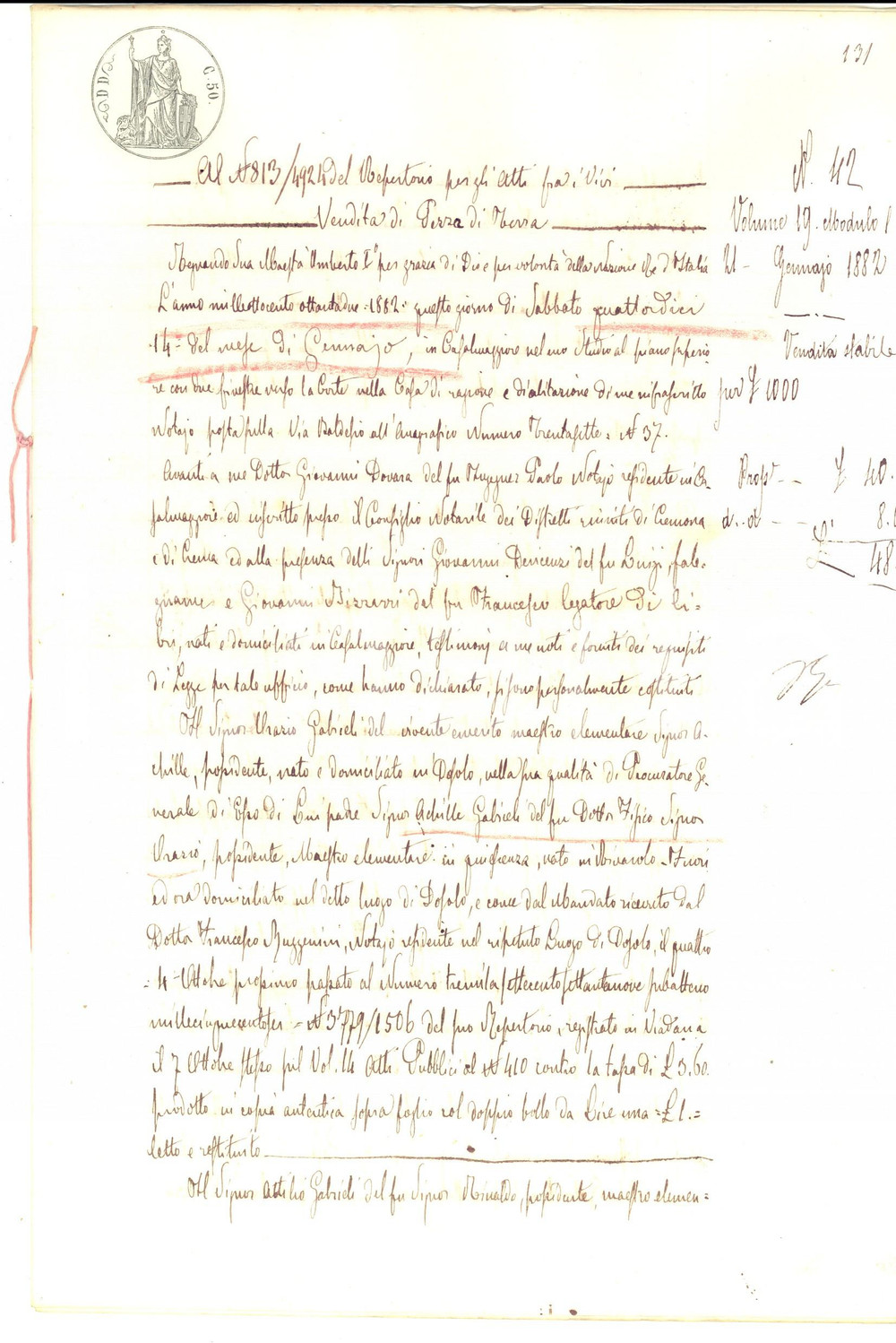 Documento originale, autentico 1882 BRUGNOLO CR Famiglia GABRIELI vende campo a Sante FRANCHINI Manoscritto 1