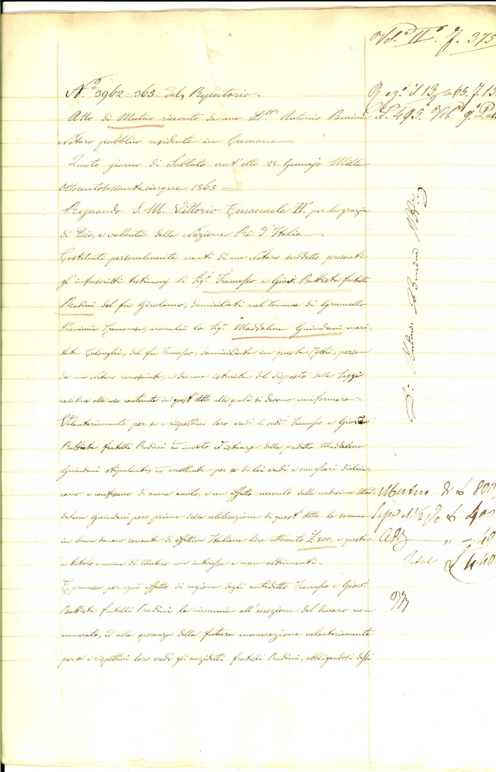 Documento originale, autentico 1865 CREMONA Prestito di Maddalena GUINDANI ai fratelli RODINI Manoscritto 1