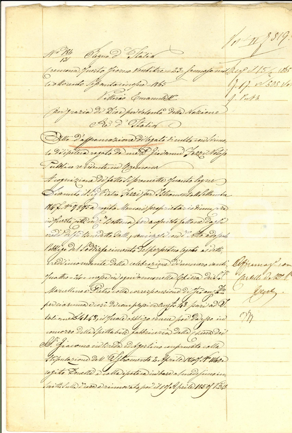 Documento originale, autentico 1865 CREMONA Affrancazione Pietro FEZZI legato a chiesa SS. Marcellino e Pietro 1