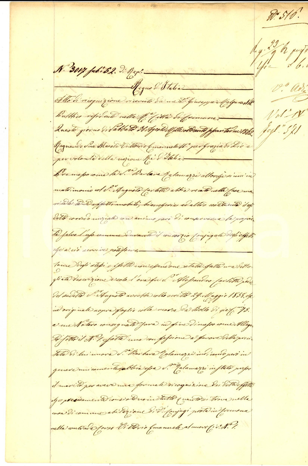 Documento originale, autentico 1862 CREMONA Ricognizione degli effetti dotali di Barbara TALAMAZZI CARLETTI 1