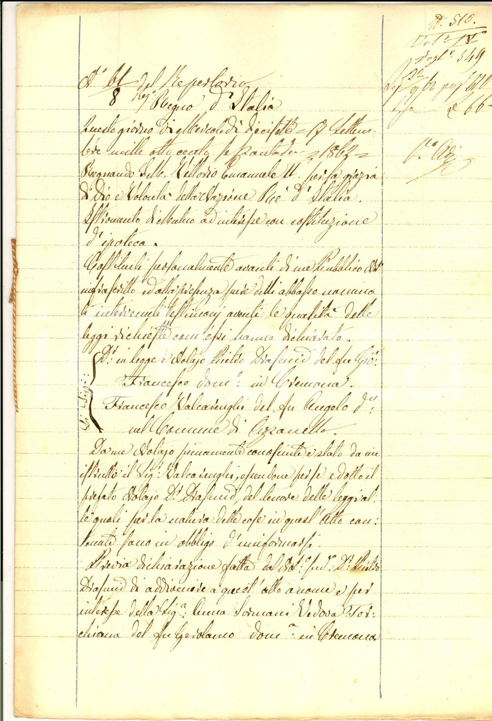 Documento originale, autentico 1862 AZZANELLO CR Atto di prestito a favore di Francesco VALCARENGHI 1