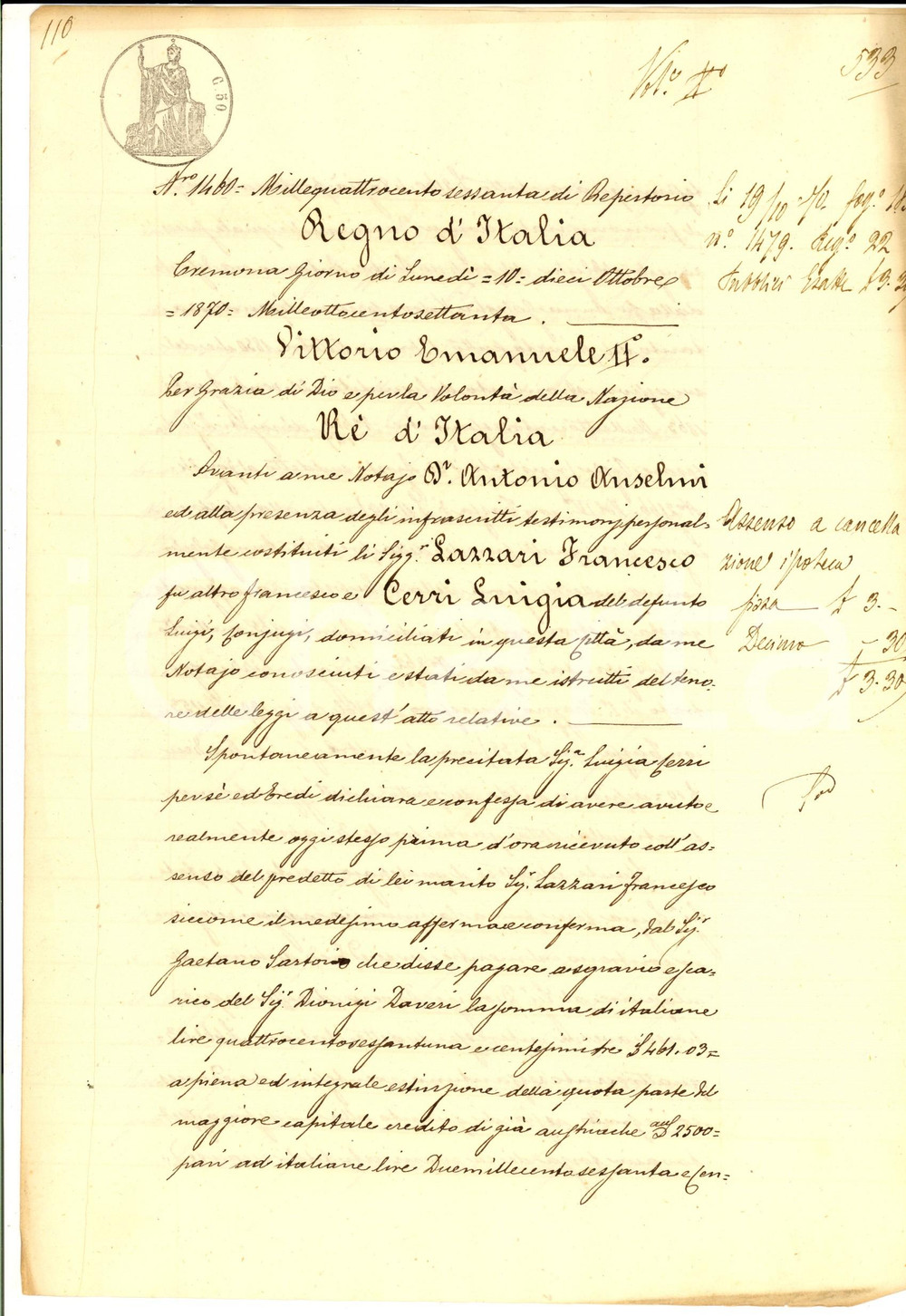 Documento originale, autentico 1870 CREMONA Saldo di Luigia CERRI a Dionigi DAVERI Manoscritto 1