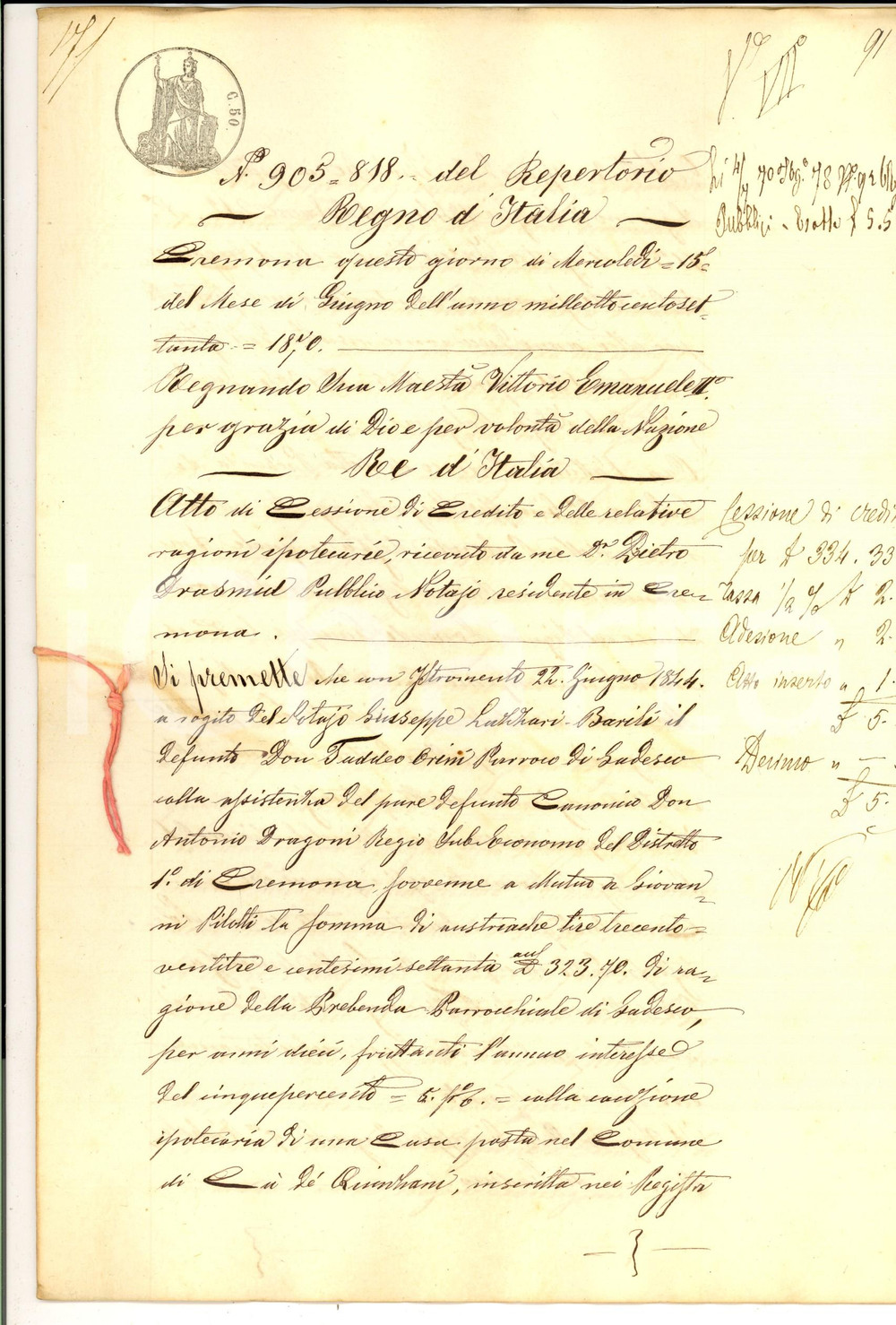 Documento originale, autentico 1870 GADESCO CR Parroco Giuseppe RUGARLI cede credito a Giuseppe MORANDI 1