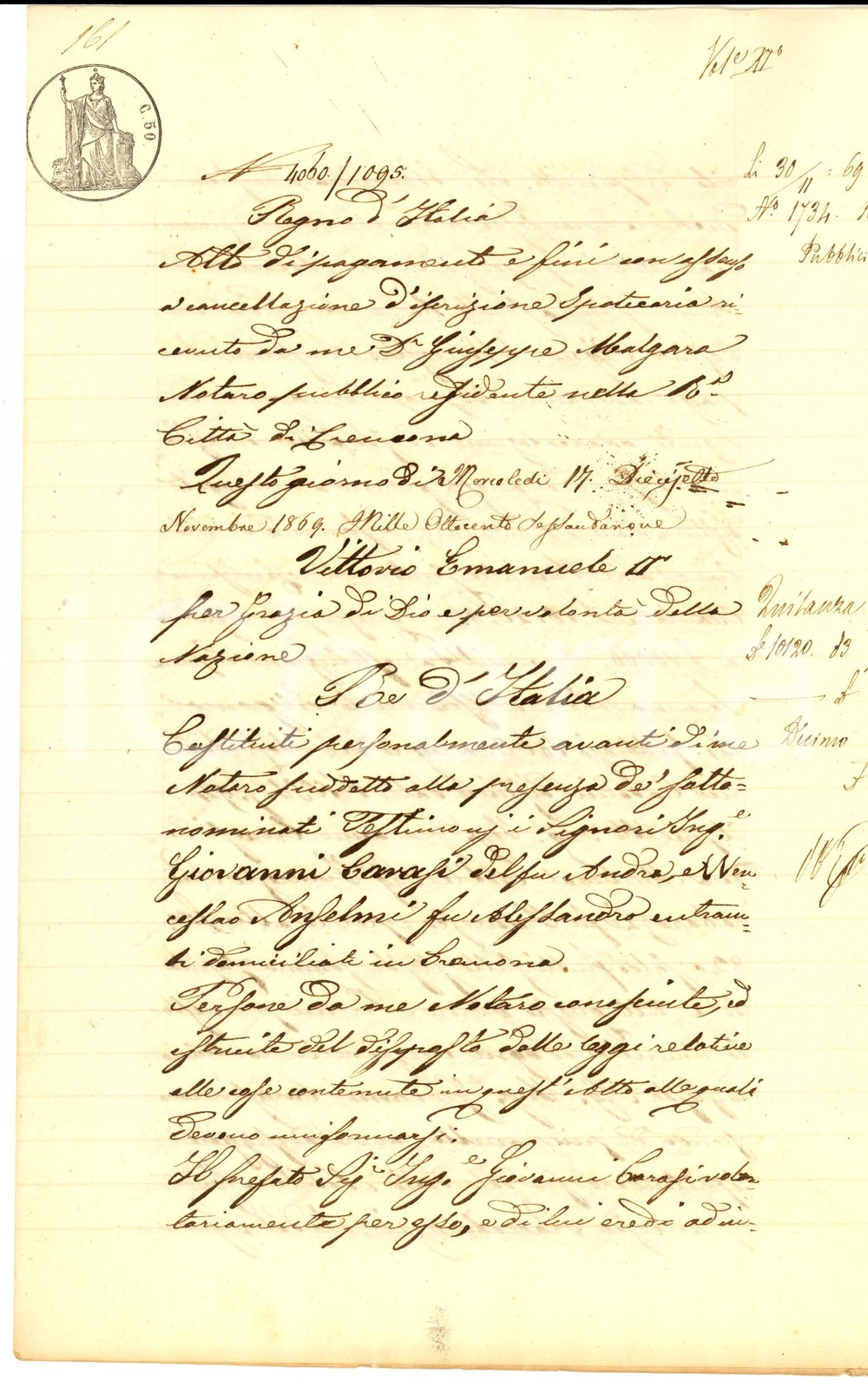 Documento originale, autentico 1869 CREMONA Ing. Giovanni CARASI riceve saldo debito da Wenceslao ANSELMI 1