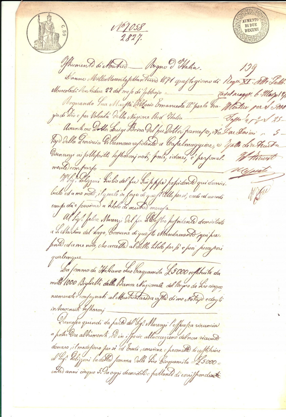 Documento originale, autentico 1871 SAN MARTINO DEL LAGO CR Giulio PELIZZONI presta denaro a Felice MARENZI 1