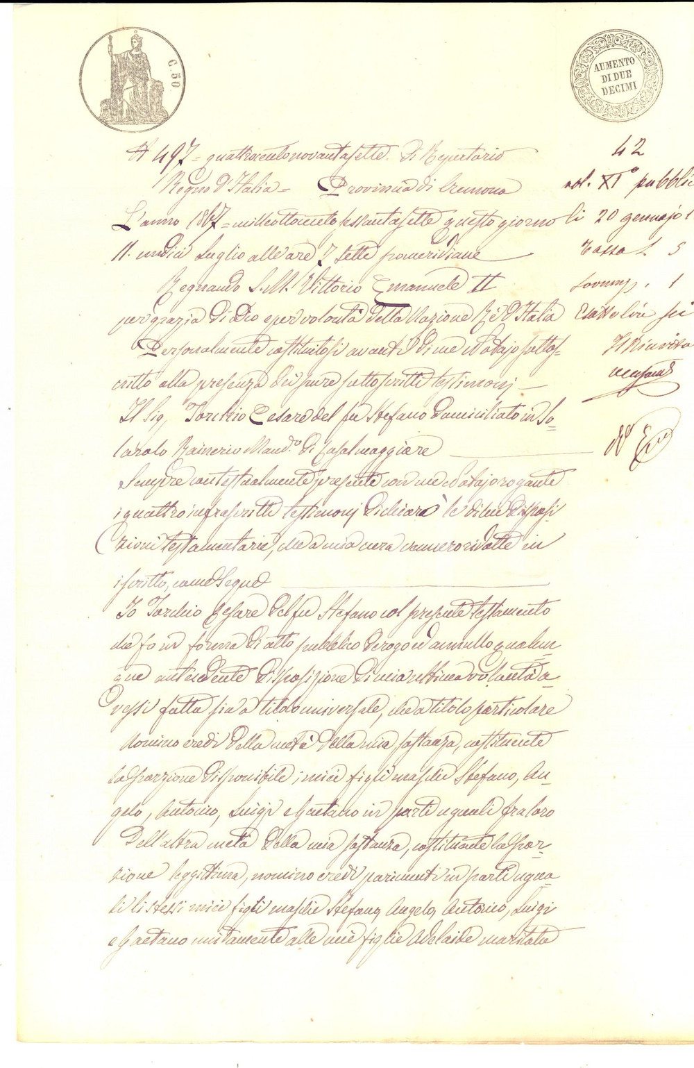 Documento originale, autentico 1867 SOLAROLO RAINERIO CR Testamento di Cesare TORCHIO  a favore dei figli 1