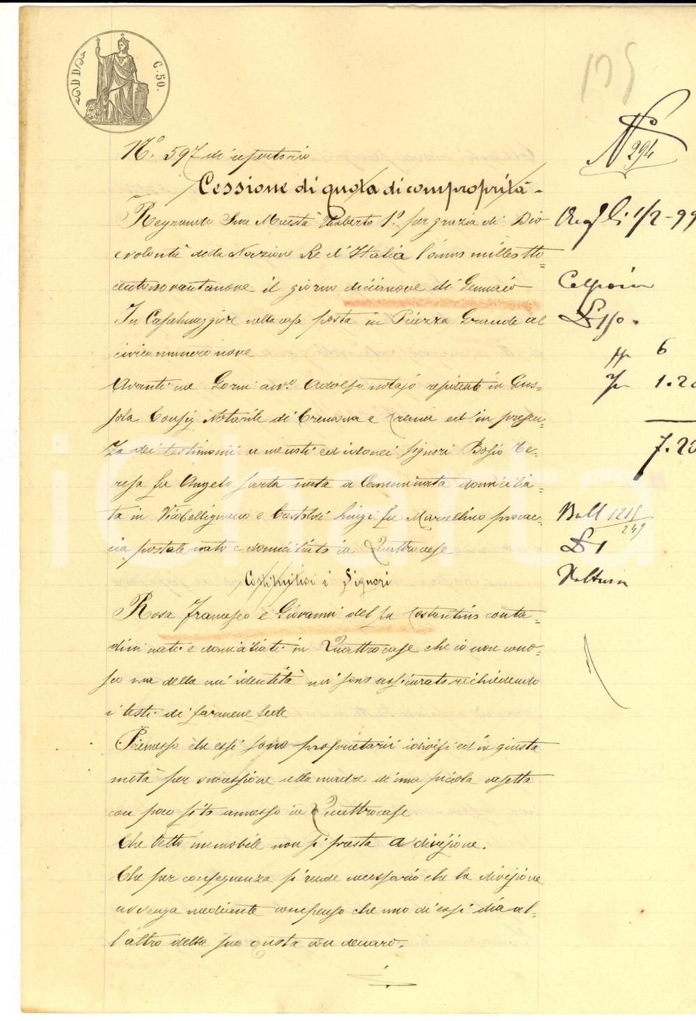 Documento originale, autentico 1899 QUATTRO CASE CR Francesco ROSA cede diritti comproprietÃ  al fratello 1