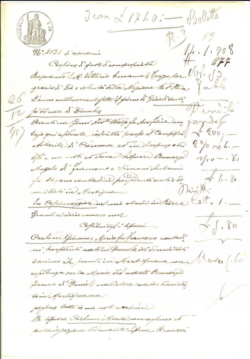 Documento originale, autentico 1907 GUSSOLA CR Maria CARBONI cede quote comproprietÃ  campo ai fratelli 1