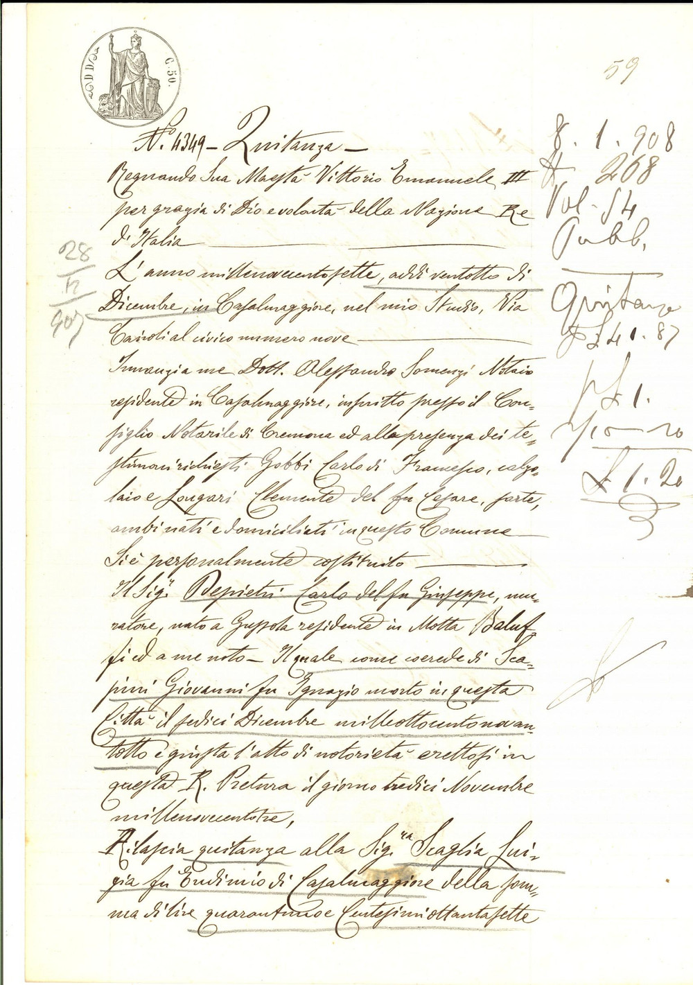 Documento originale, autentico 1907 CASALMAGGIORE CR Quietanza di Carlo DEPIETRI a Luigia SCAGLIA Manoscritto 1