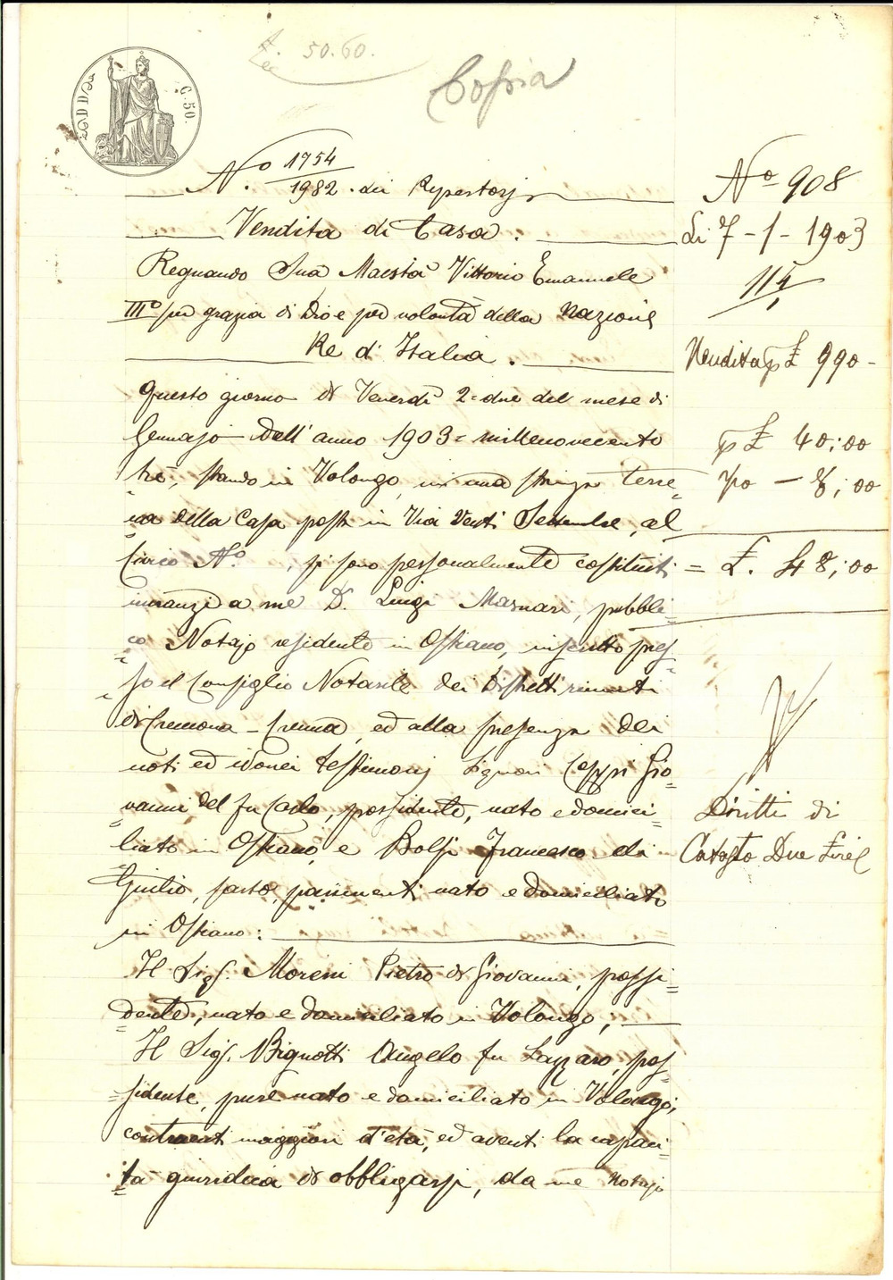 Documento originale, autentico 1903 VOLONGO Pietro MORENI vende casa ereditata ad Angelo BIGNOTTI Manoscritto 1