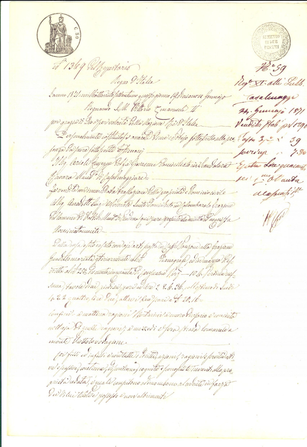 Documento originale, autentico 1871 CASTELPONZONE CR Giuseppe CERIOLI vende casa a Luigi ANADOTTI Documento 1