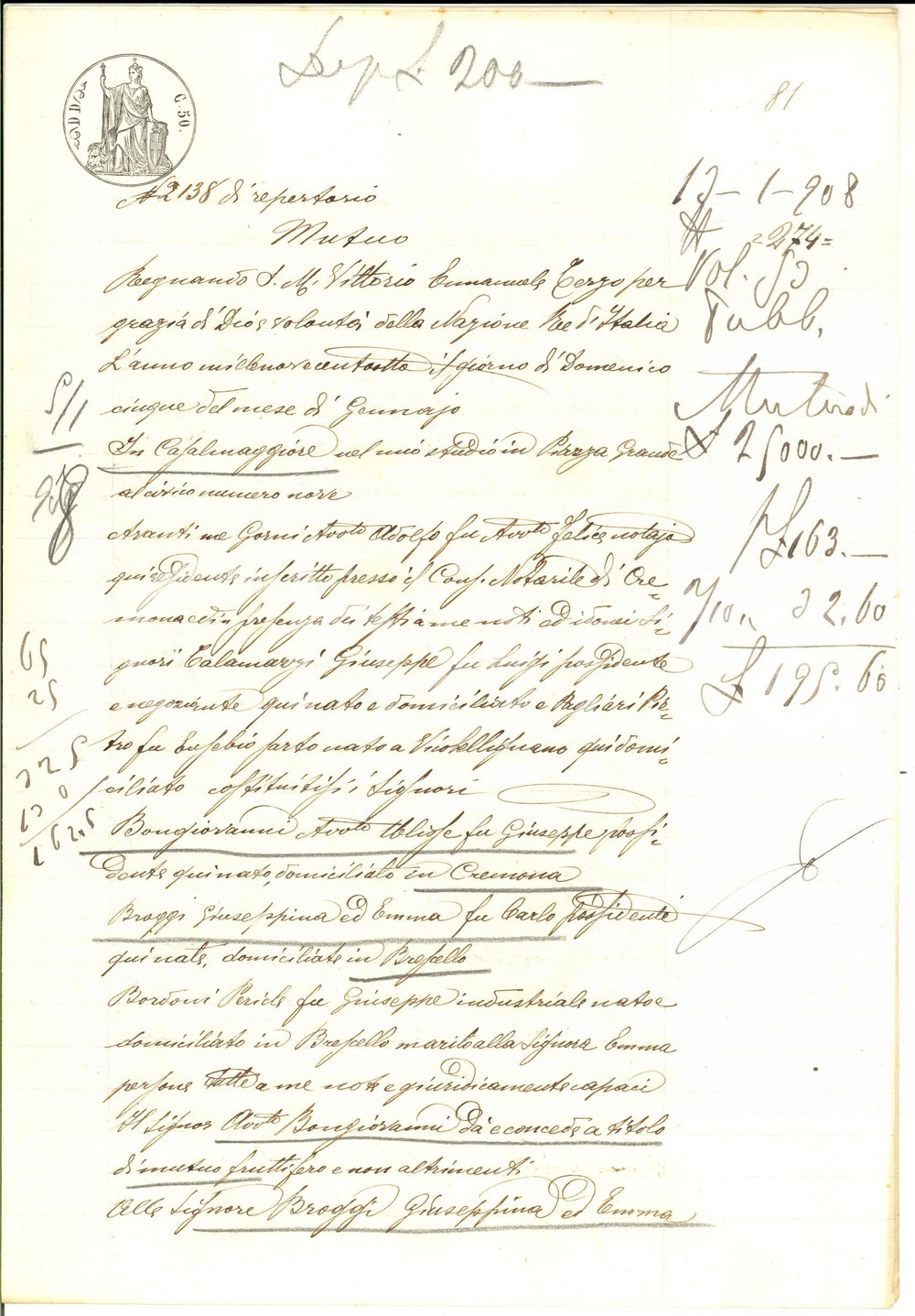 Documento originale, autentico 1908 CREMONA Prestito avv. Ulisse BONGIOVANNI a sorelle Emma e Giuseppina BROGGI 1
