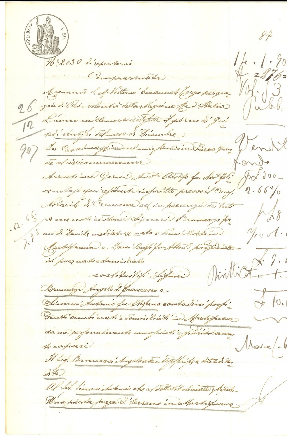 Documento originale, autentico 1907 MARTIGNANA DI PO CR Angelo BRUNAZZI vende terreno ad Antonio SIMONI 1