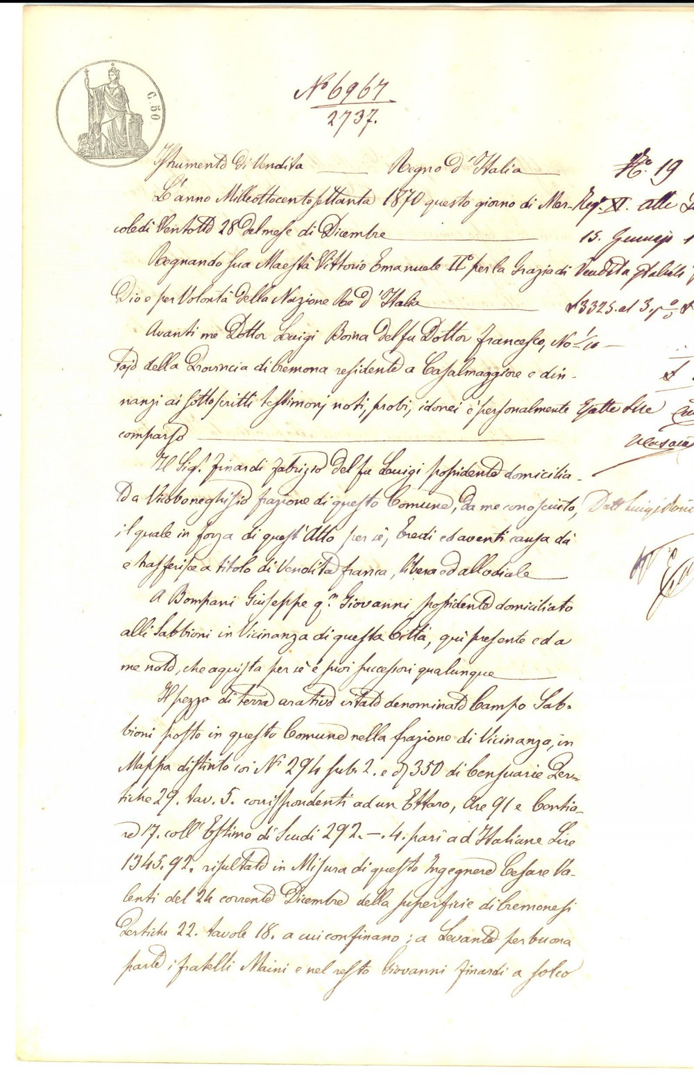Documento originale, autentico 1870 VICINANZA CR Fabrizio FINARDI vende campo SABBIONI a Giuseppe BOMPANI 1