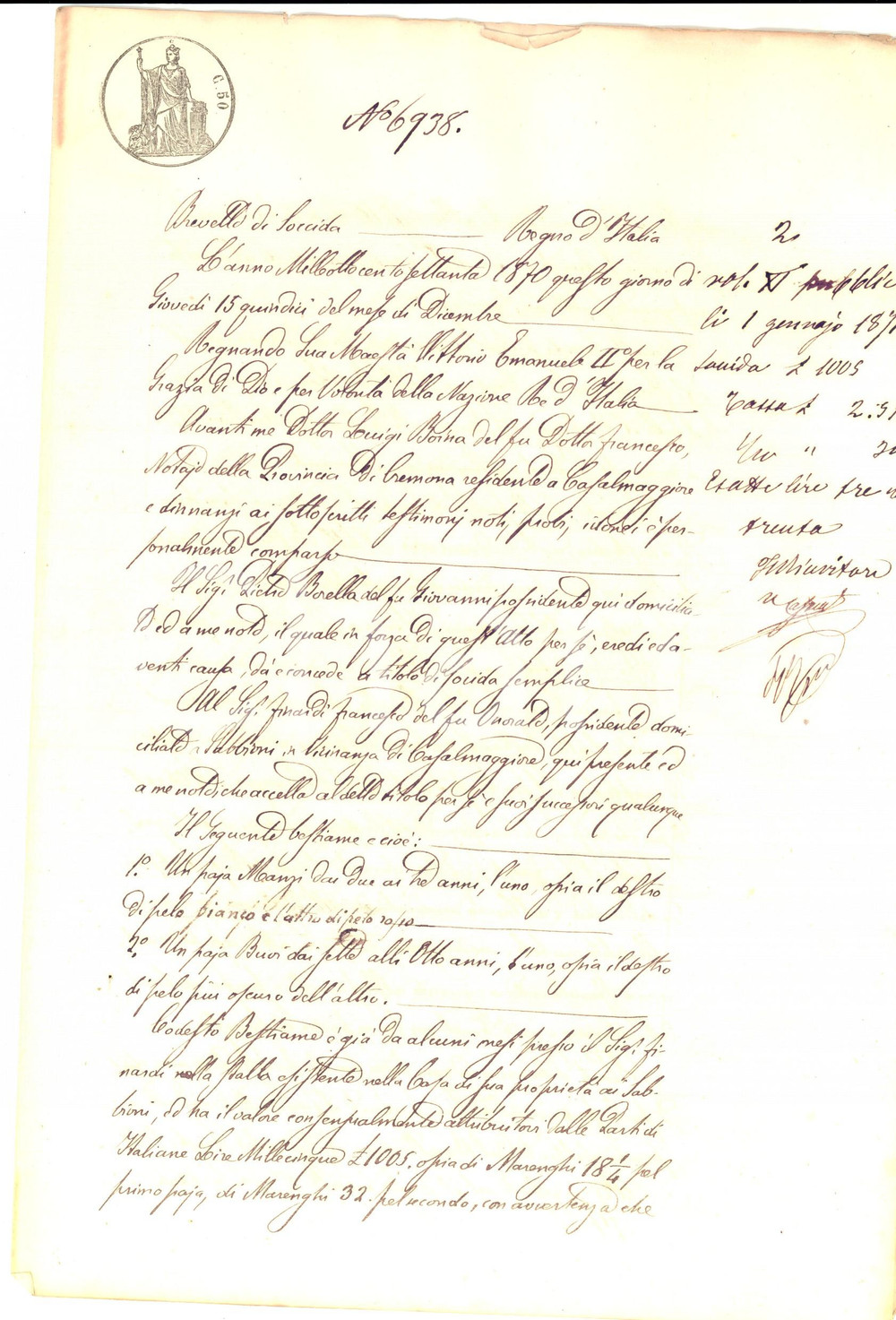 1870 SABBIONI (CR) Soccida per buoi tra Pietro BORELLA e Francesco FINARDI