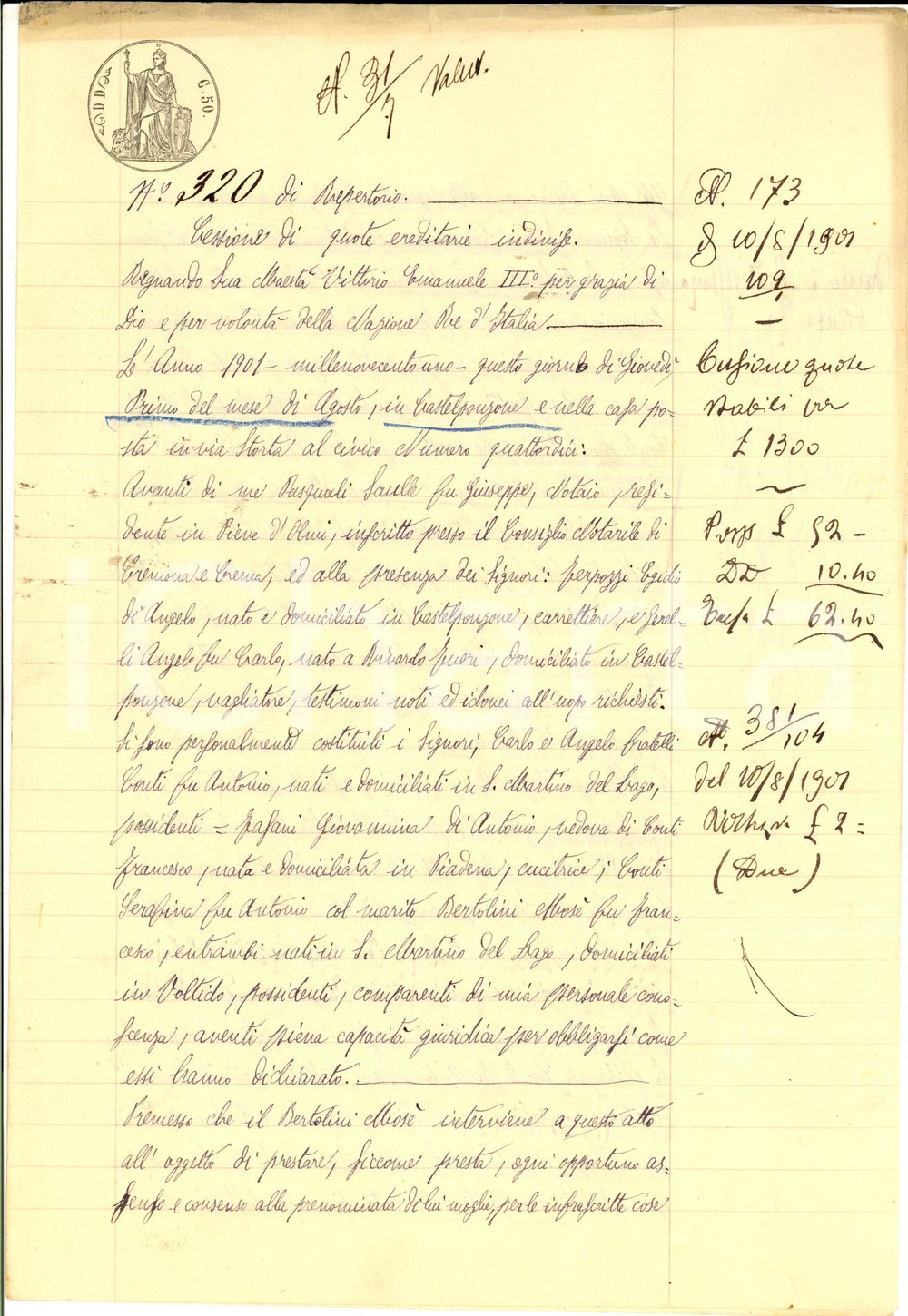 Documento originale, autentico 1901 SAN MARTINO DEL LAGO CR Carlo e Angelo CONTI acquistano campo di famiglia 1