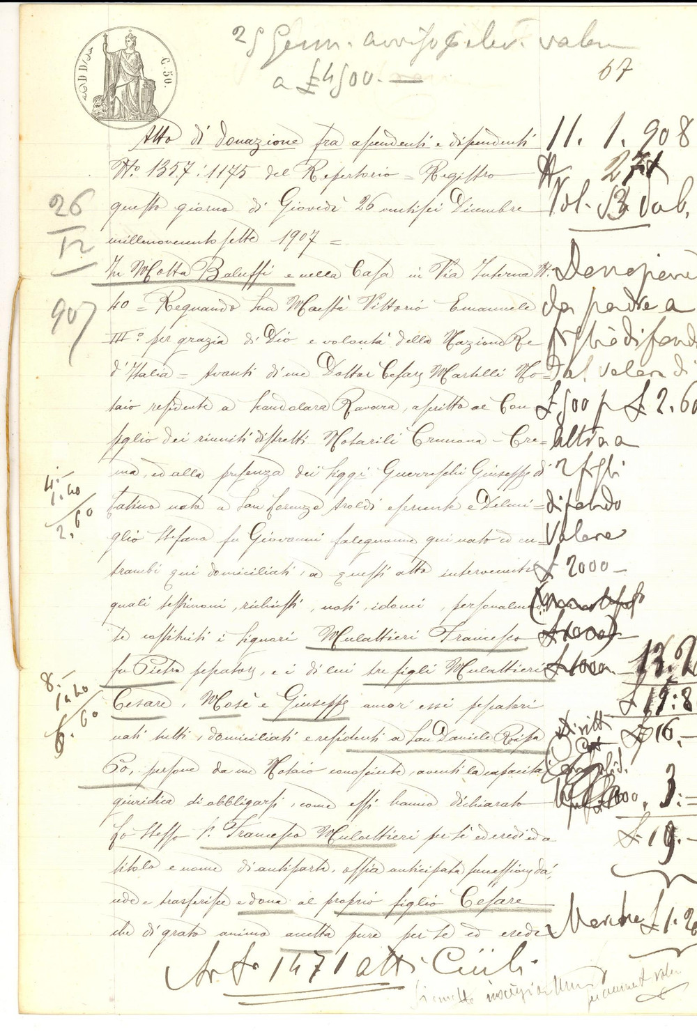 Documento originale, autentico 1907 MOTTA BALUFFI CR Francesco MULATTIERI dona casa al figlio Cesare 1