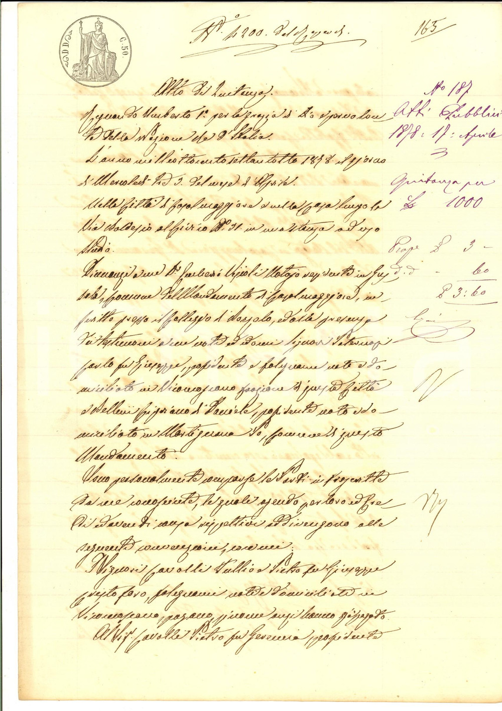 Documento originale, autentico 1878 VICOMOSCANO Tullio e Pietro CRISTOFORO saldano acquisto da Pietro CAVALLI 1
