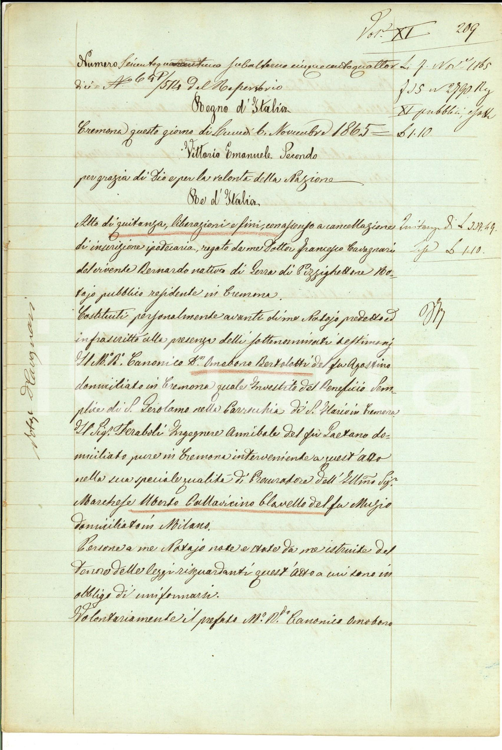 Documento originale, autentico 1865 CREMONA Marchese Uberto PALLAVICINO CLAVELLO salda beneficio S. GEROLAMO 1