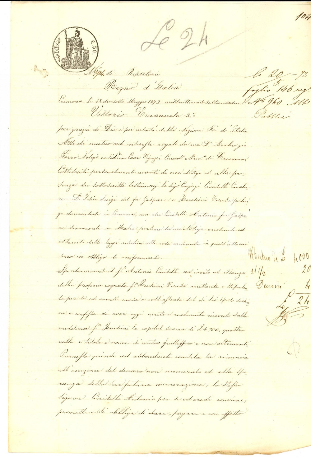 Documento originale, autentico 1872 CREMONA CAVATIGOZZI Debiti Antonio CINISELLI verso cognata Teresa ZECCHINI 1
