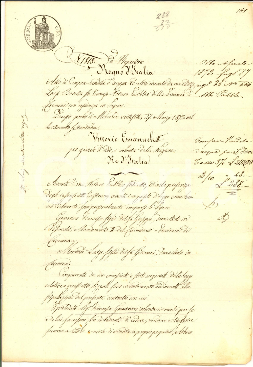 Documento originale, autentico 1872 CASALBUTTANO CR Francesco GUARNERI vende cavo a Luigi MORANDI 1