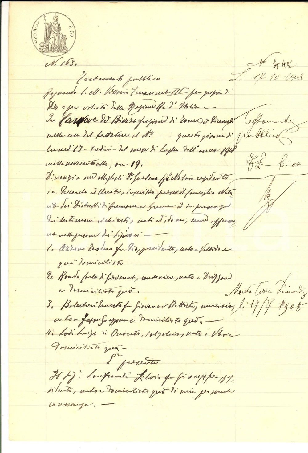 Documento originale, autentico 1908 CANOVE DE  BIAZZI CR Testamento di Silvio LANFRANCHI pro famiglia 1