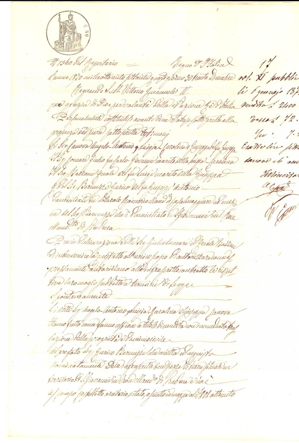 Documento originale, autentico 1870 SAN GIOVANNI IN CROCE CR Fratelli CANOVA vendono campi a Enrico BERNUZZI 1