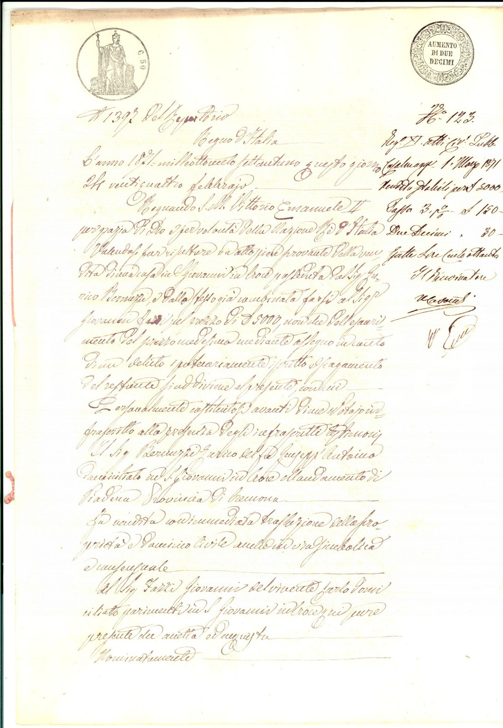 Documento originale, autentico 1871 SAN GIOVANNI IN CROCE CR Enrico BERNUZZI vende casa a Giovanni FAZZI 1