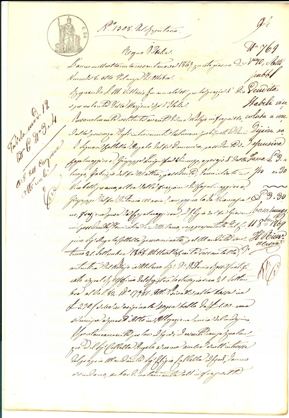 Documento originale, autentico 1869 VICOMOSCANO CR Angelo COLLELLA vende campo CARRERA ad Angelo CAVALLI 1