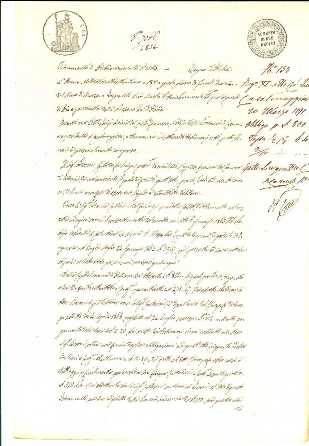 Documento originale, autentico 1871 CASALETTO DI SOPRA CR Michelangelo SANFELICI debitore dei propri figli 1
