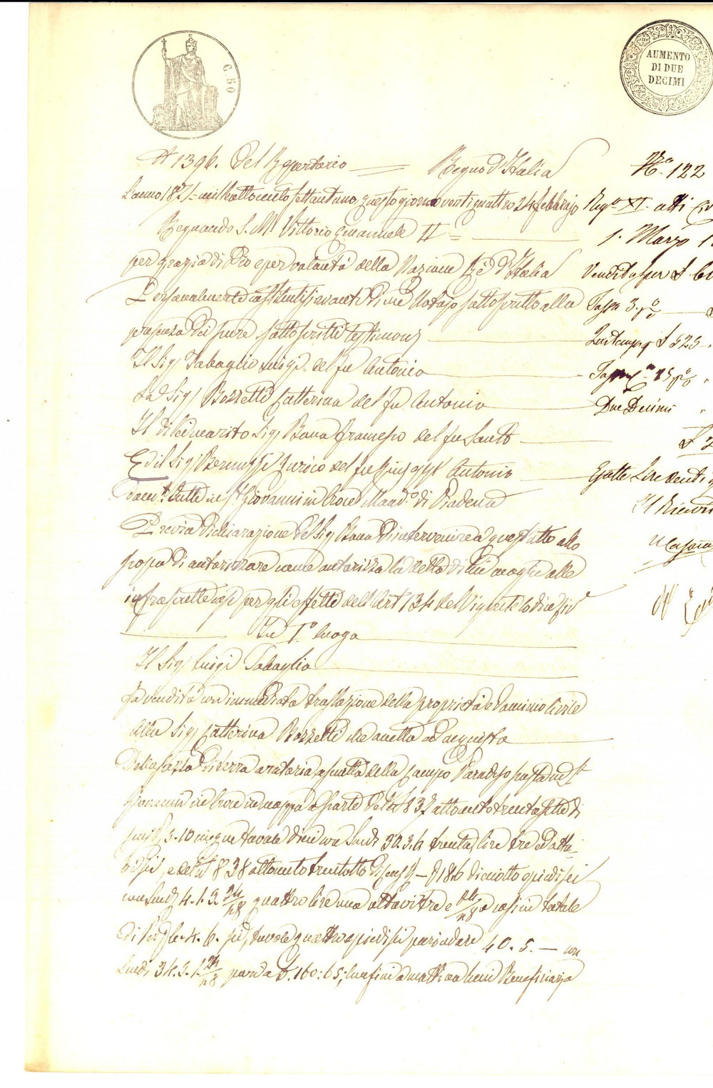 Documento originale, autentico 1871 SAN GIOVANNI IN CROCE CR Luigi TABAGLIO vende campo a Caterina BOZZETTI 1