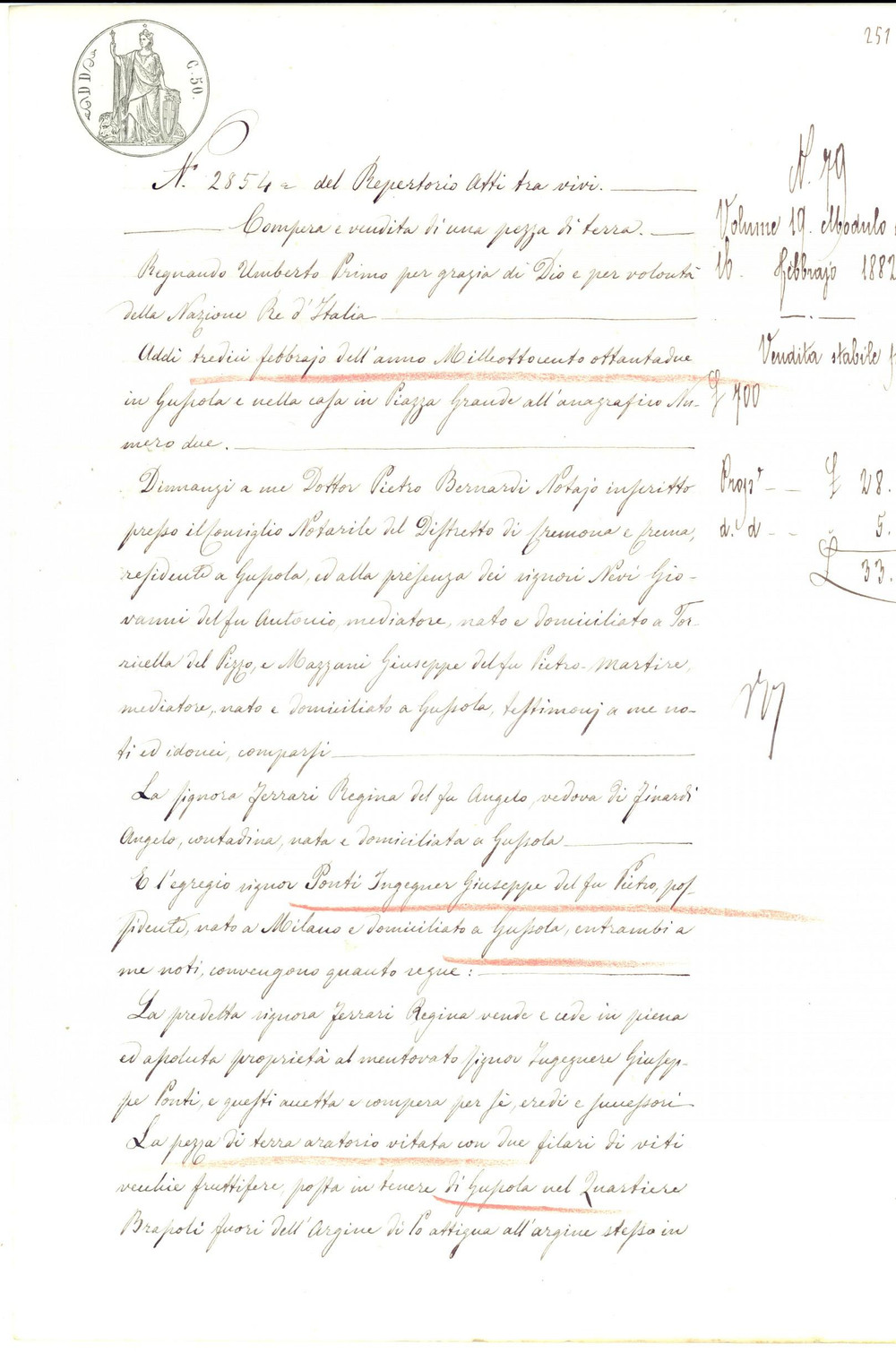 Documento originale, autentico 1882 GUSSOLA Regina FERRARI vende terra all ing. Giuseppe PONTI Manoscritto 1