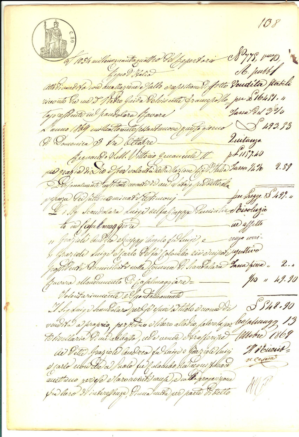 Documento originale, autentico 1869 SCANDOLARA RAVARA Luigi SCANDOLARA vende campi alla famiglia GRAZIOLI 1