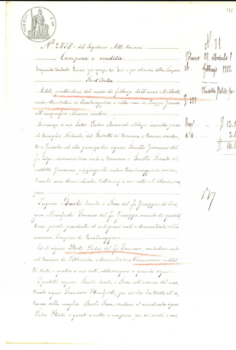 Documento originale, autentico 1882 VICOMOSCANO CR Ercole e Rosa BUOLI vendono casa a Pietro STORTI 1