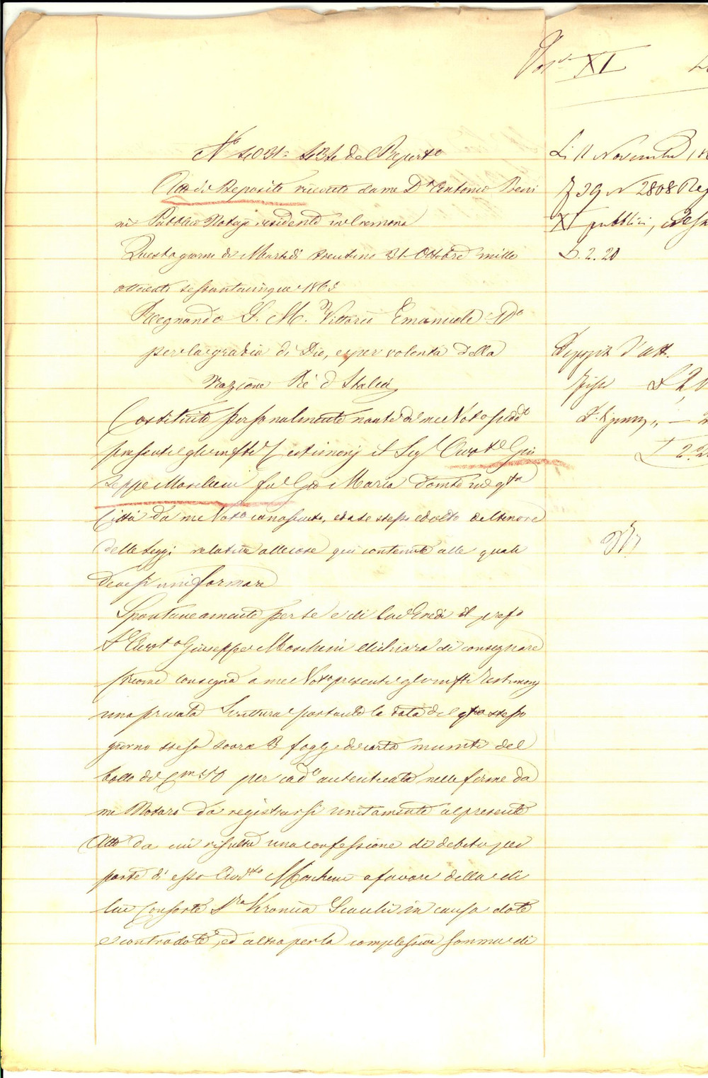 Documento originale, autentico 1865 CREMONA Giuseppe MOSCHENI deposita scrittura di debito verso la moglie 1
