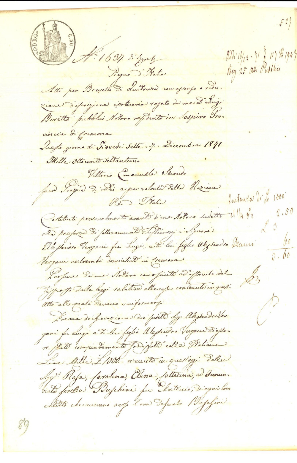 Documento originale, autentico 1871 CREMONA Atto di quietanza di Alessandro VERGANI pro sorelle BUSCHINI 1