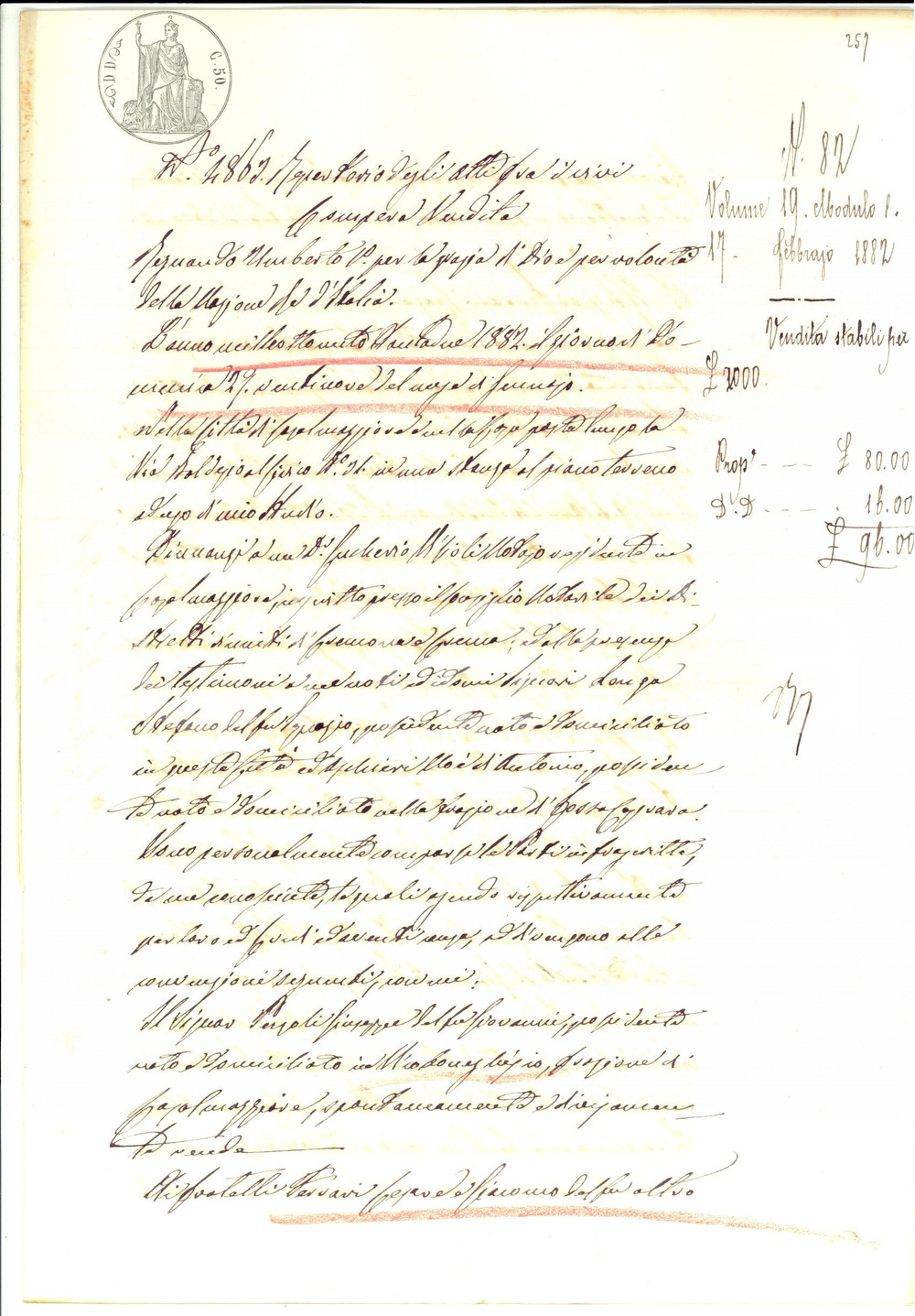 Documento originale, autentico 1882 VICOBONEGHISIO CR Giuseppe PEZZOLI vende terre ai fratelli PESSARI 1