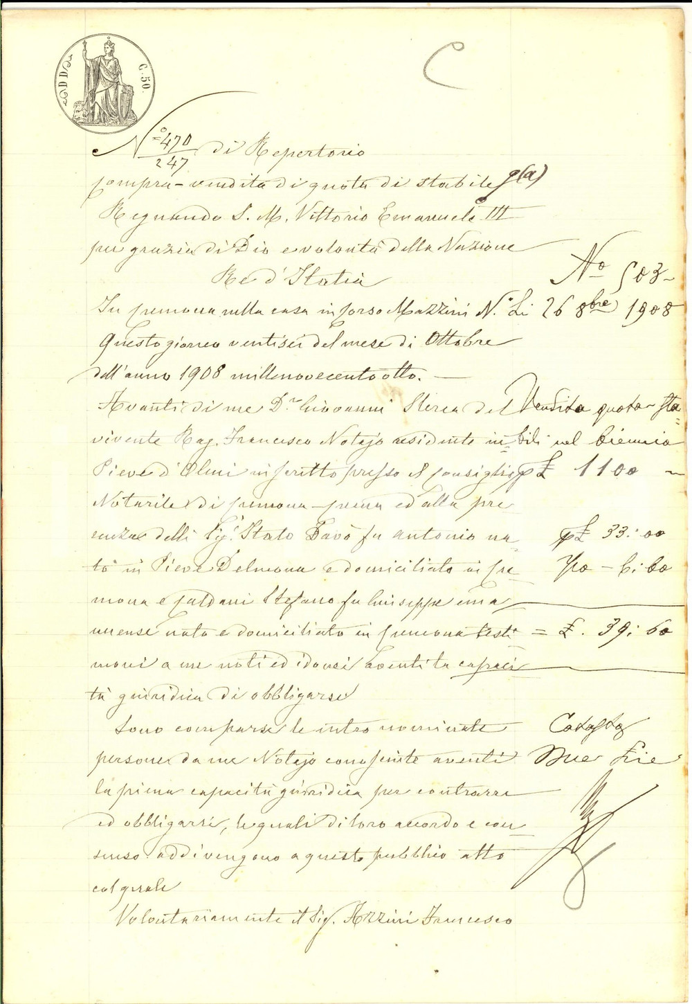 Documento originale, autentico 1908 ROBECCO D OGLIO CR Francesco AZZINI vende terra LA LONGURA al fratello 1