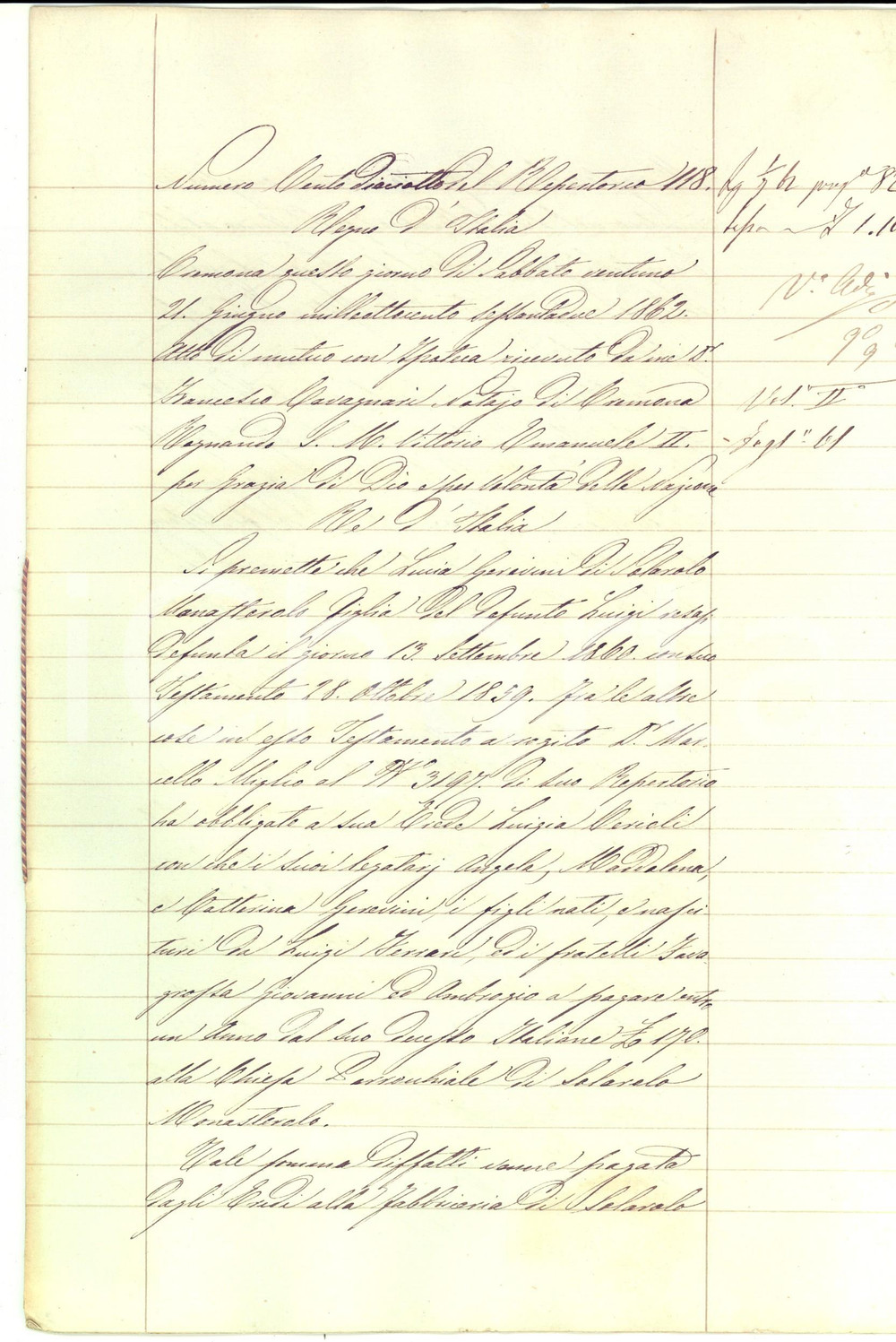 Documento originale, autentico 1862 SOLAROLO MONASTEROLO Giovanni TOMAZZOLI riceve legato da Lucia GEREVINI 1