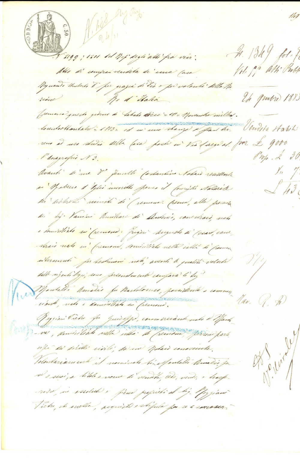 Documento originale, autentico 1883 CREMONA Amadio MONTALDI vende a Pietro REGGIANI una casa con bottega 1