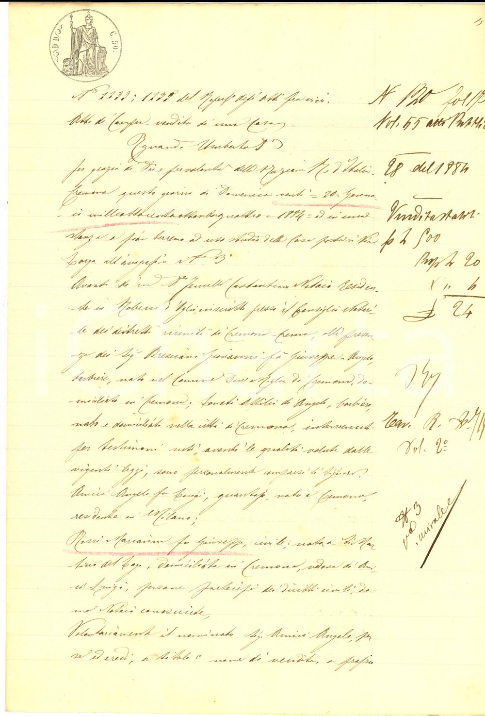 Documento originale, autentico 1884 CREMONA Angelo AMICI vende a Marianna ROSSI casa in via BIZZARRA 1