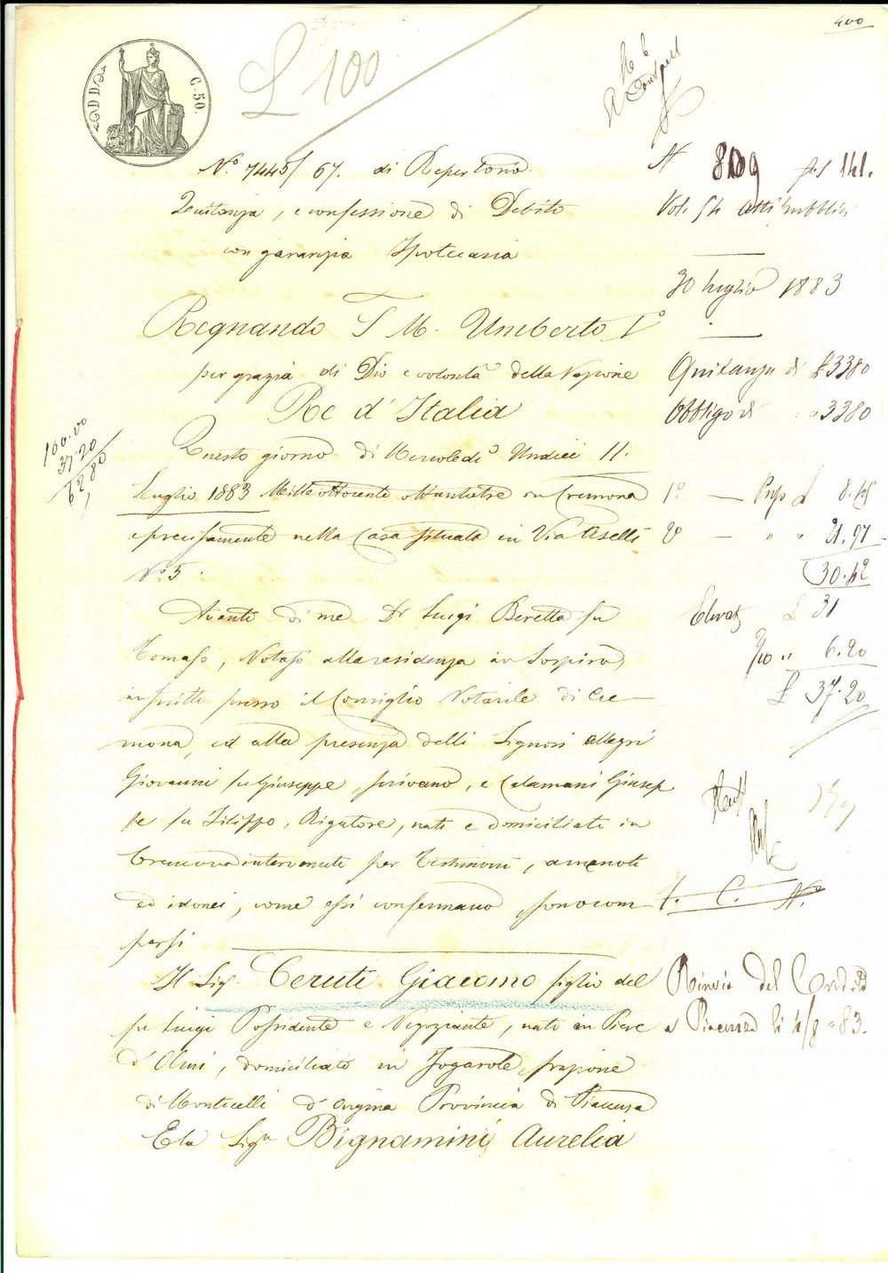 Documento originale, autentico 1883 FOGAROLE / MONTICELLI D ONGINA PC Giacomo CERUTI debitore della cognata 1