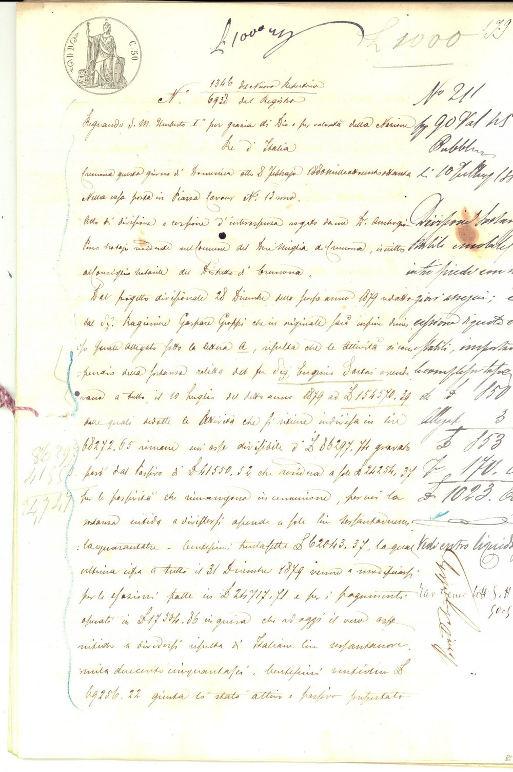 Documento originale, autentico 1880 CREMONA Divisione beni del fu Eugenio SARTORI  Manoscritto 32 pp. 1