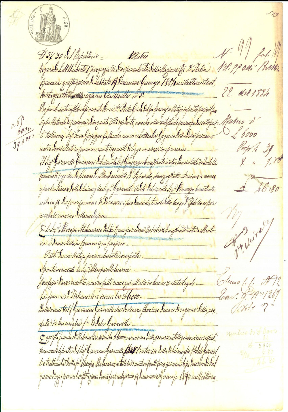 Documento originale, autentico 1884 CREMONA Contratto mutuo tra Merope MALACARNE e Giovanni GARAVELLI 1