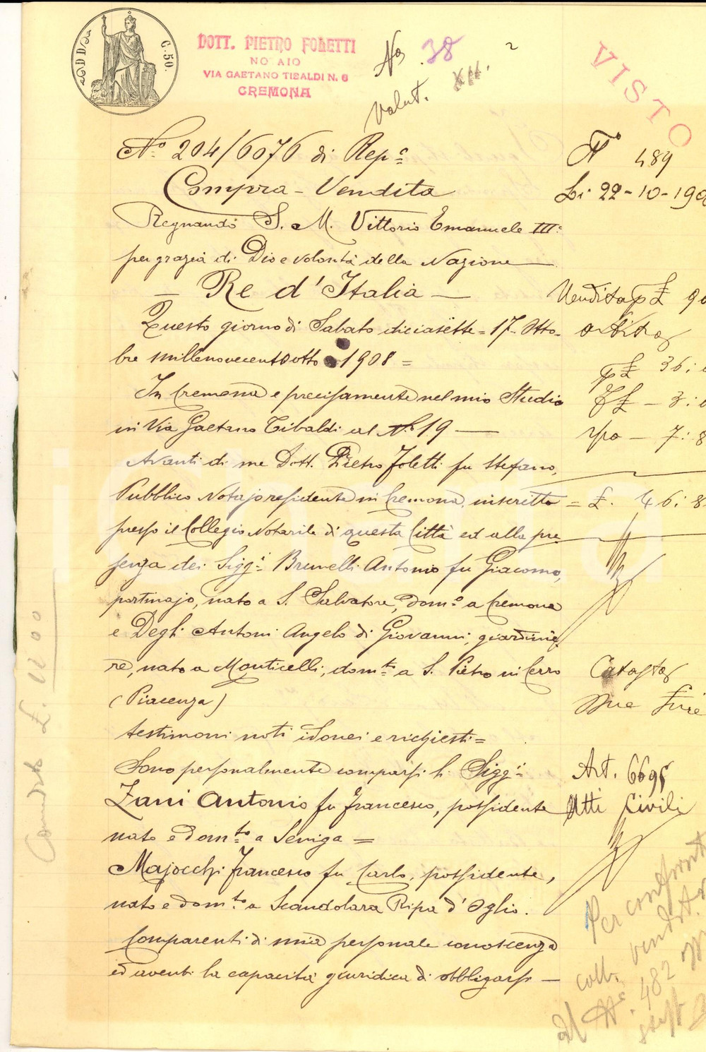 Documento originale, autentico 1908 BINANUOVA CR Francesco MAJOCCHI vende campo SALENTI ad Antonio ZANI 1