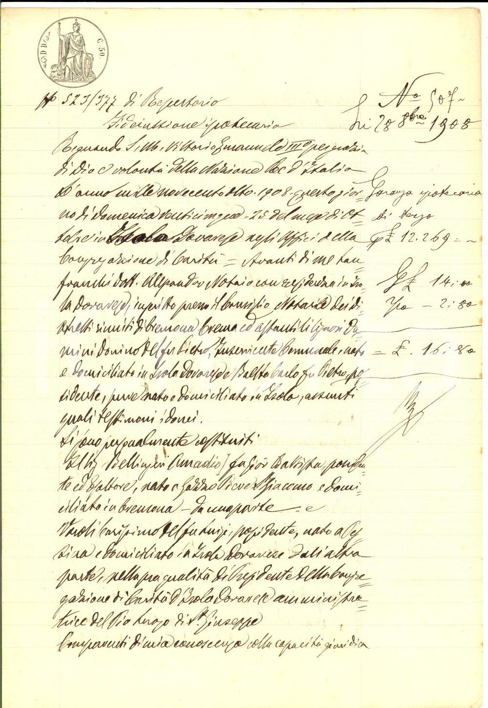 Documento originale, autentico 1908 PIEVE TERZAGNI CR Fideiussione ipotecaria pro PIO LUOGO DI SAN GIUSEPPE 1