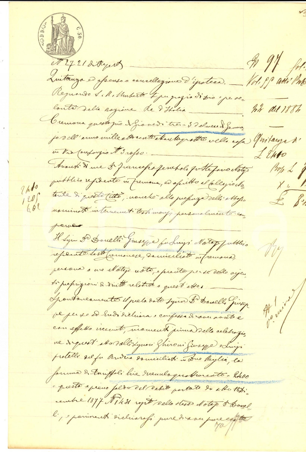 Documento originale, autentico 1884 CREMONA Quietanza Giuseppe BONELLI saldo pro Giuseppe e Luigi GHIRONI 1