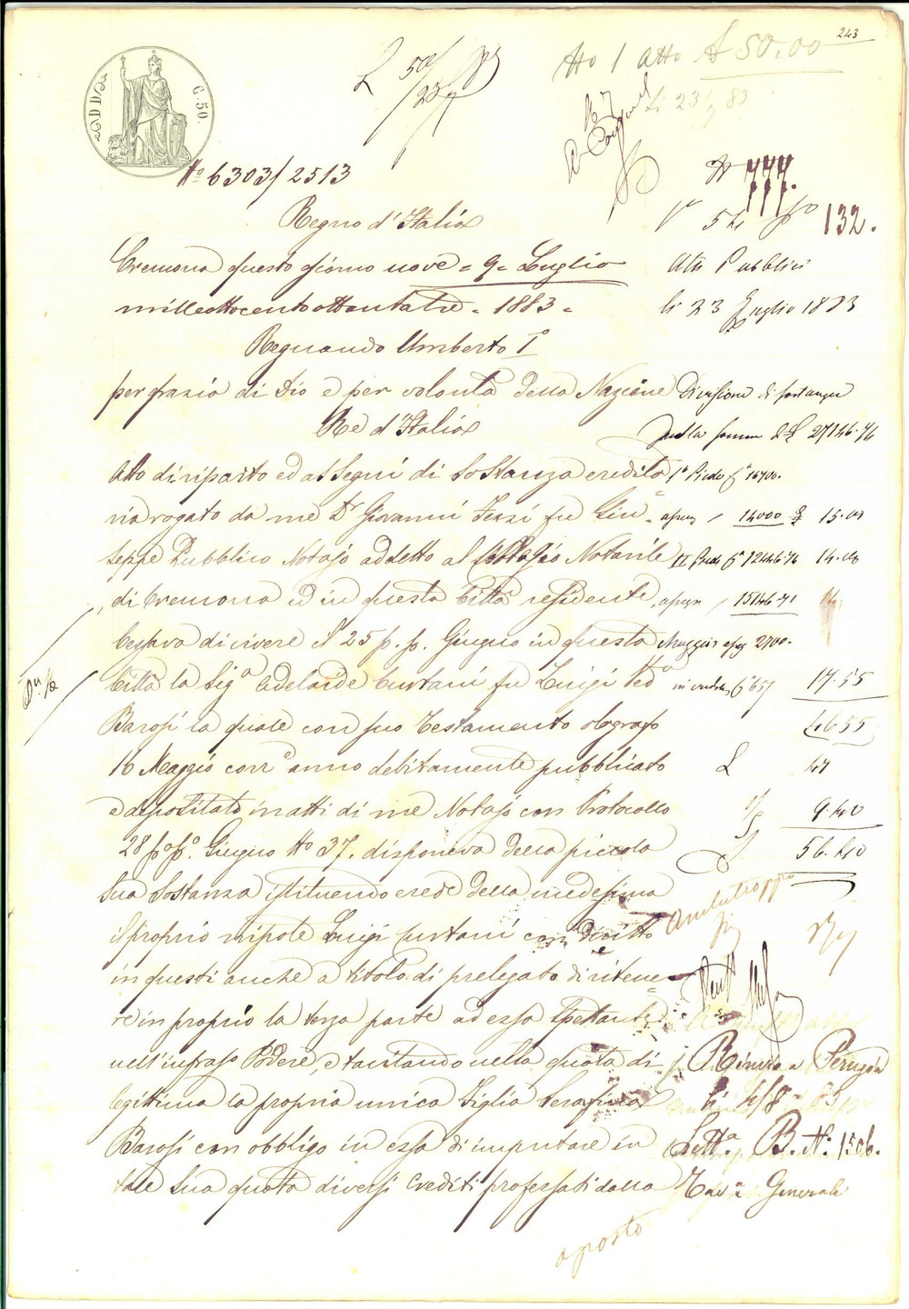 1883 CREMONA Atto di riparto di eredità defunta Adelaide CURTANI vedova BAROSI