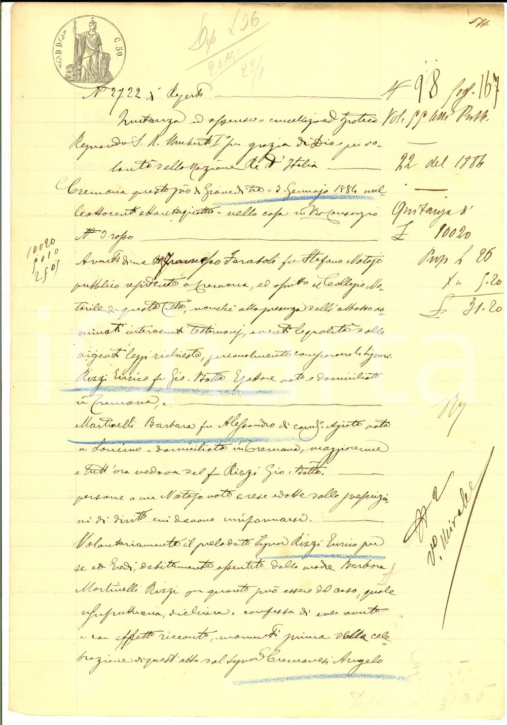 Documento originale, autentico 1884 CREMONA Quietanza Enrico RIZZI per saldo da Angelo CREMONESI Manoscritto 1